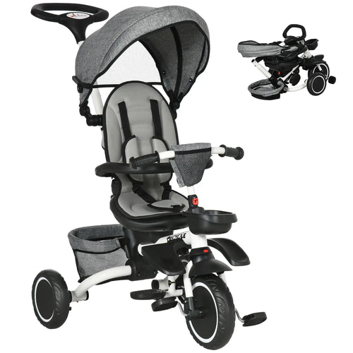 6-in-1 Toddler Tricycle, Adjustable Seat, Push Handle, Grey