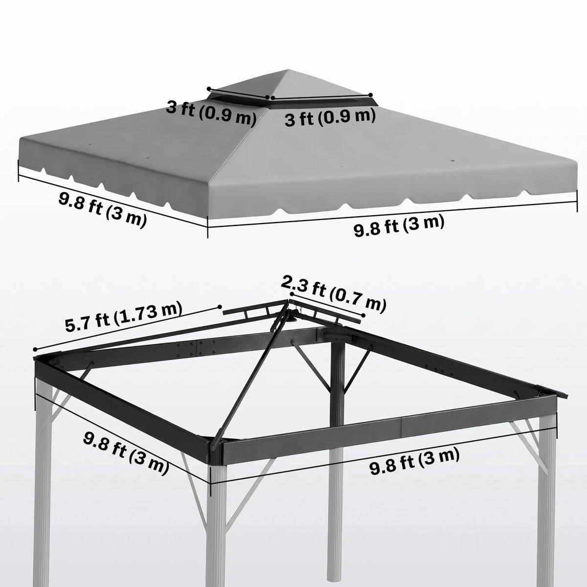 10' x 10' Gazebo Toit de Remplacement, Toit Double Ventié, Gris