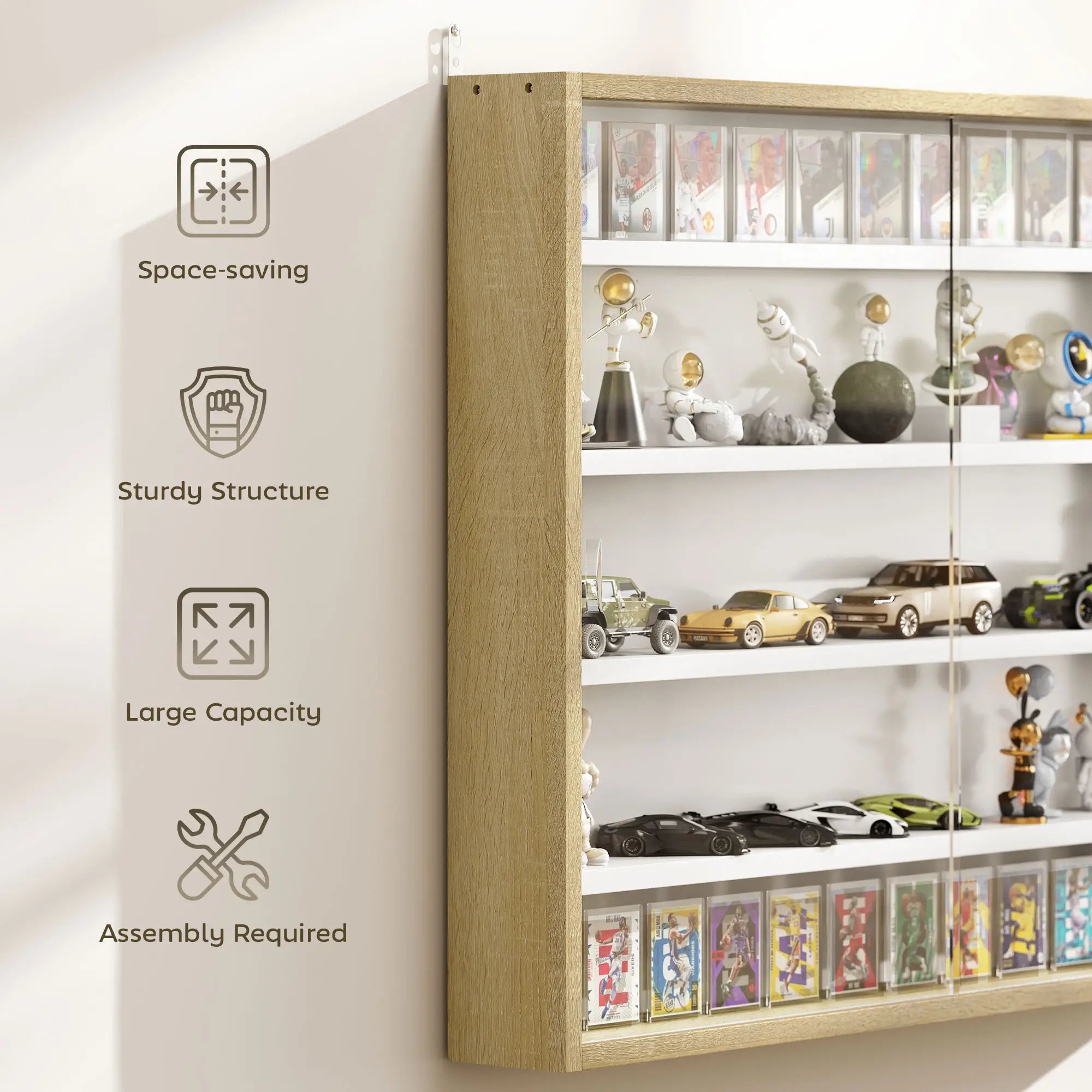 5-Tier Glass Display Cabinet, 2 Doors, 4 Adjustable Shelves, Oak Display Bookshelves at Gallery Canada