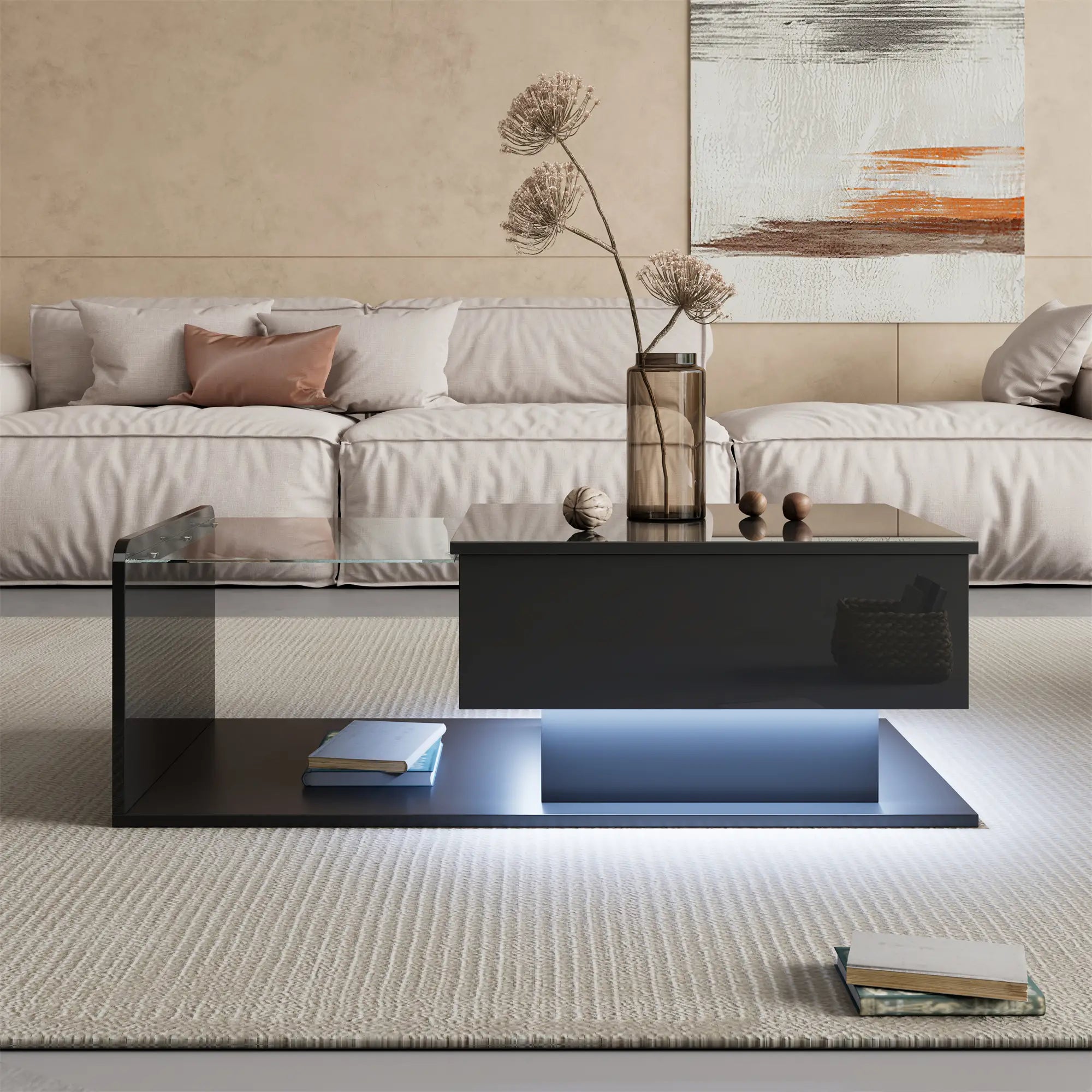Coffee Table, Tempered Glass Top, LED Light, Adjustable Height, 39.5