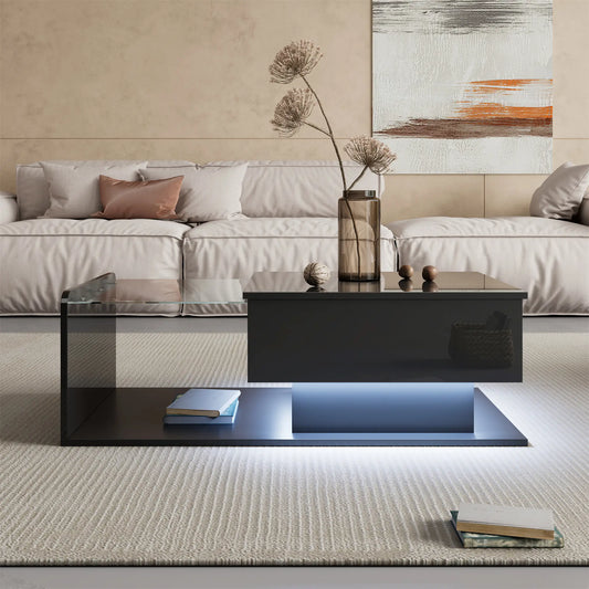 Coffee Table, Tempered Glass Top, LED Light, Adjustable Height, 39.5" L x 19.5" W x 13" H, Black Coffee Tables Black at Gallery Canada