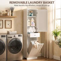 71" Tall Bathroom Storage Cabinet, Narrow with Laundry Basket, White