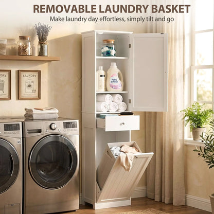 71" Tall Bathroom Storage Cabinet, Narrow with Laundry Basket, White