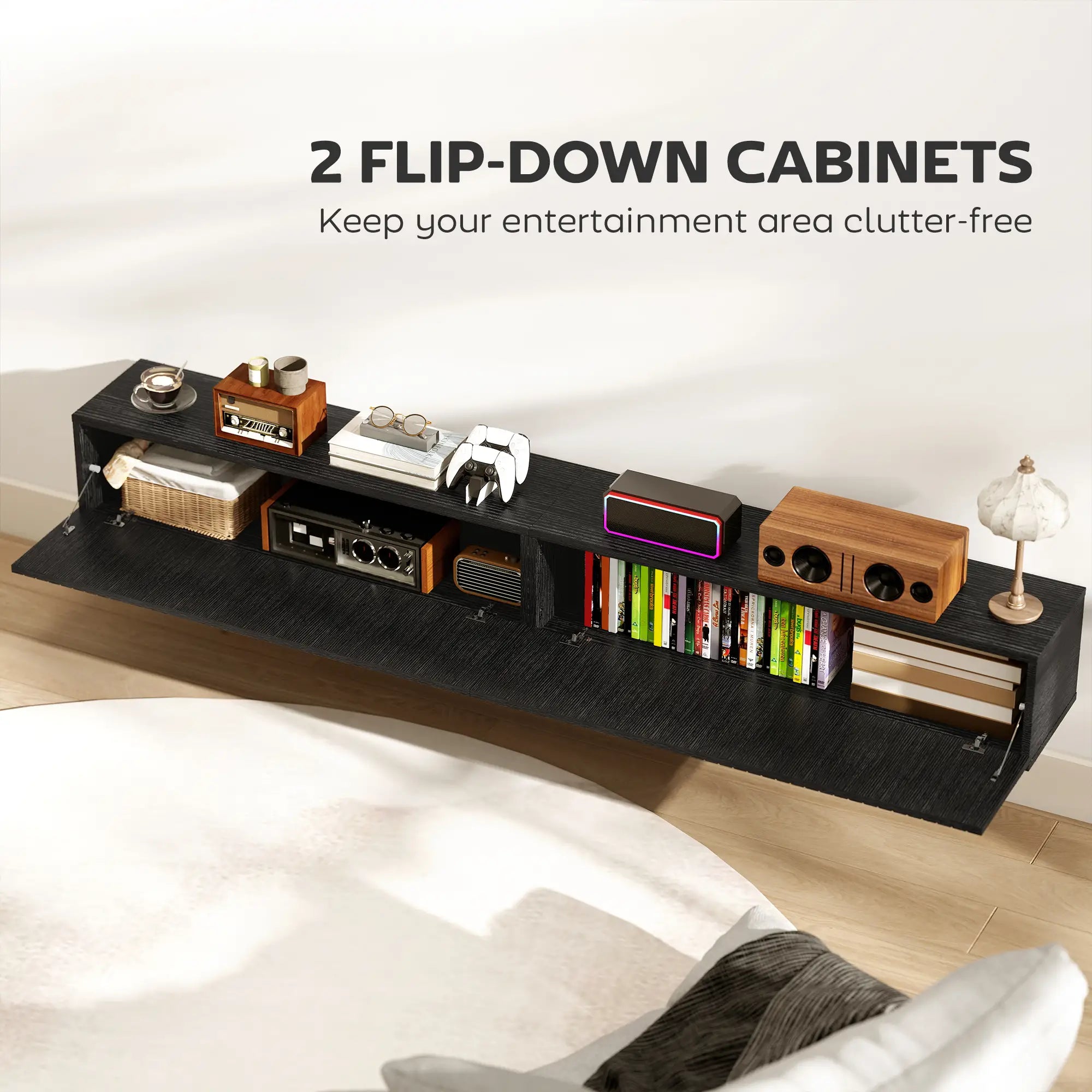 71 Inch Floating TV Stand, Wall Mount Media Console, 2 Fluted Doors, Black TV Stands at Gallery Canada