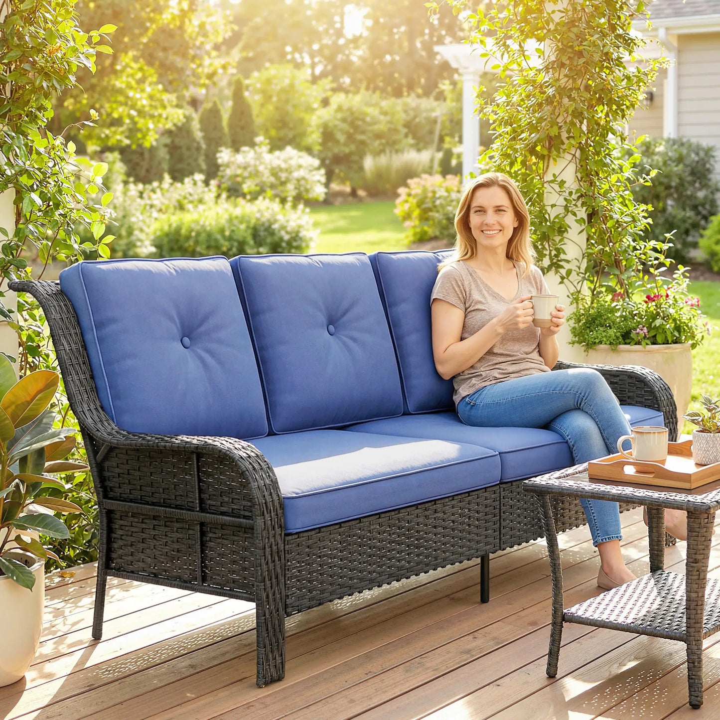 3 Seater Wicker Patio Sofa With Cushions, Deep Blue Patio Furniture Sets at Gallery Canada