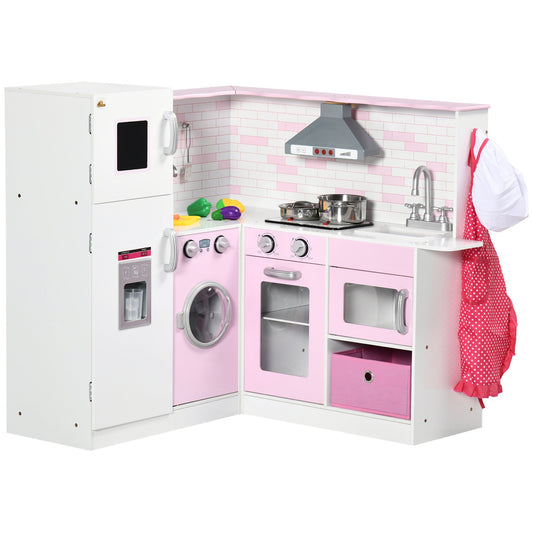 Corner Pretend Play Toy Kitchen with Sink Stove, Wooden Kids Kitchen Playset with Light Sound, Storage Cabinets, Ice Maker, Refrigerator, Washing Machine, Food Toys, White at Gallery Canada