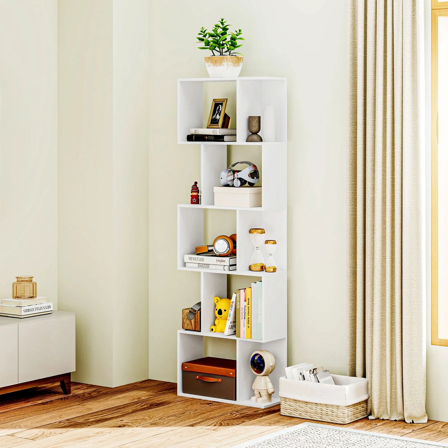 5-Tier Geometric Bookshelf, S Shaped Bookcase, White Display Bookshelves at Gallery Canada