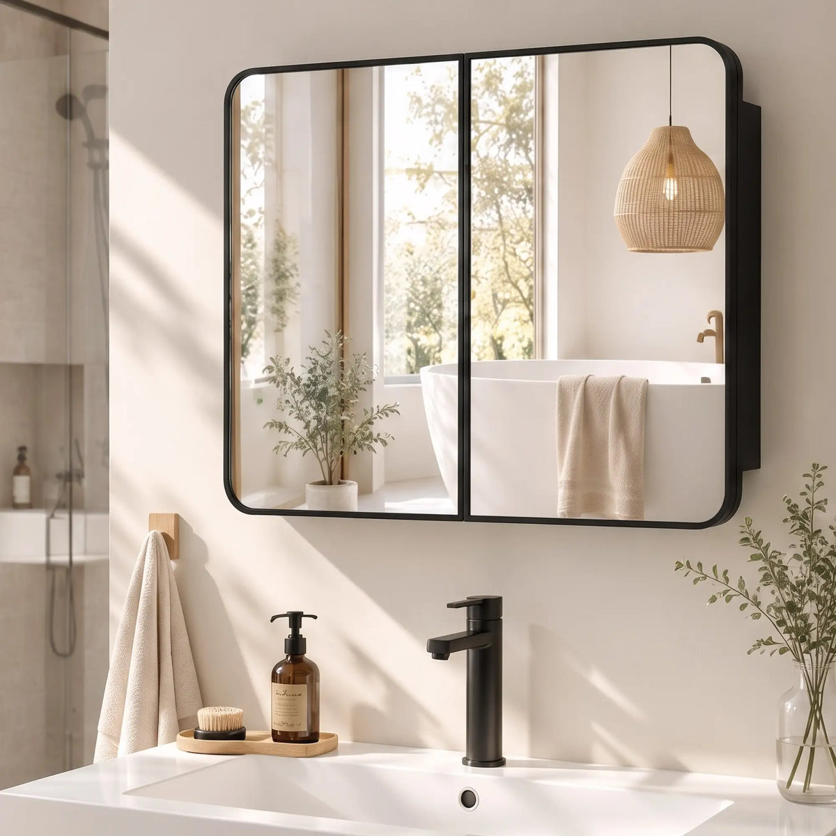 30 x 24 Inch Bathroom Medicine Cabinet, Mirror, Shelves, Black