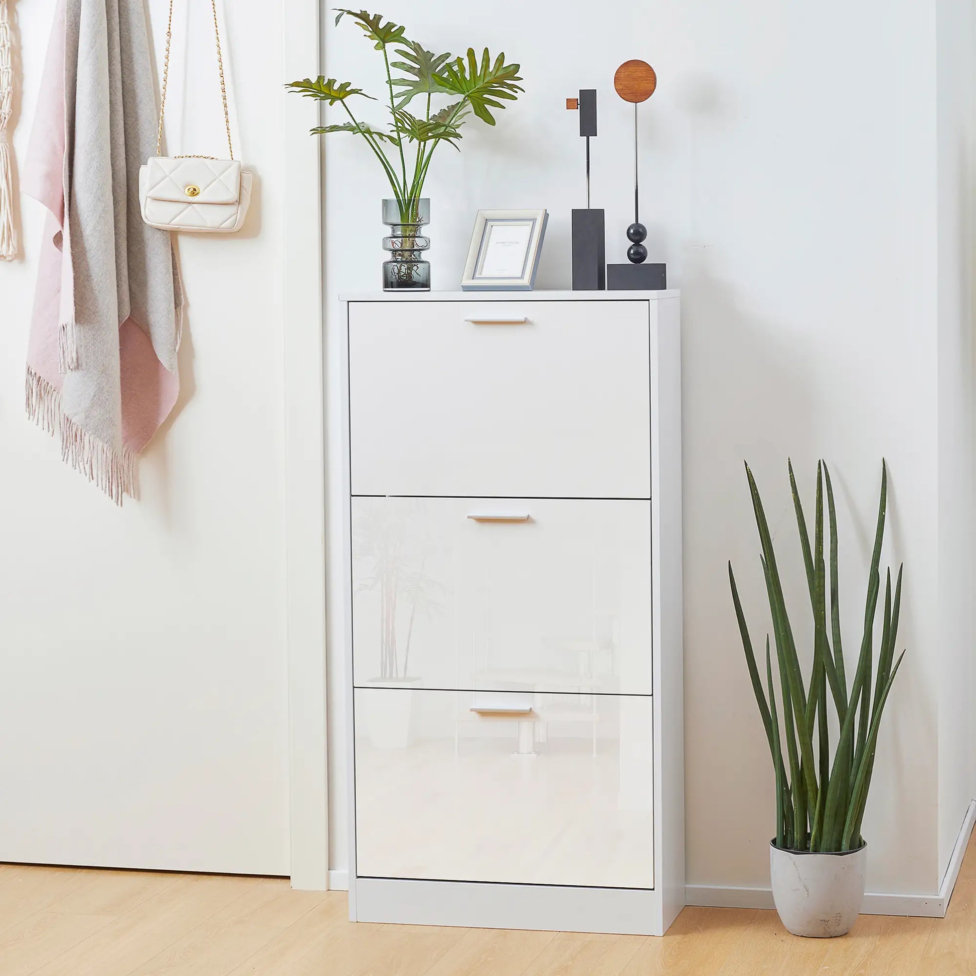Slim Shoe Storage, 3 Flip Drawers, Adjustable Shelves, 15 Pair, High Gloss, White Shoe Storage Cabinets & Racks at Gallery Canada