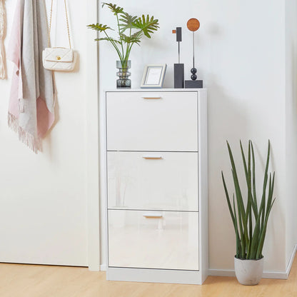 Slim Shoe Storage, 3 Flip Drawers, Adjustable Shelves, 15 Pair, High Gloss, White Shoe Storage Cabinets & Racks at Gallery Canada