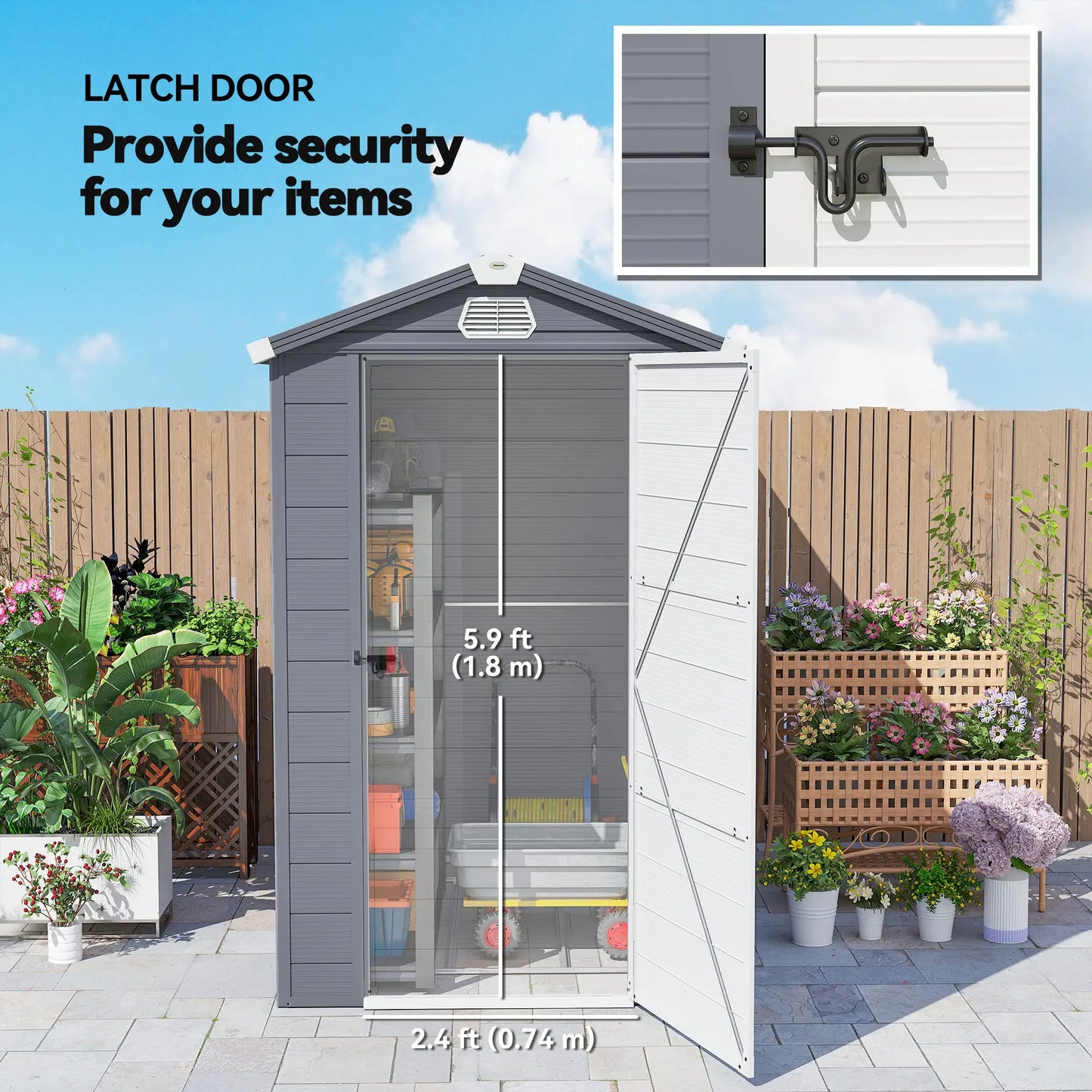 4.5' x 6' Plastic Garden Storage Shed, Latch Door, Vents, Dark Grey Sheds at Gallery Canada