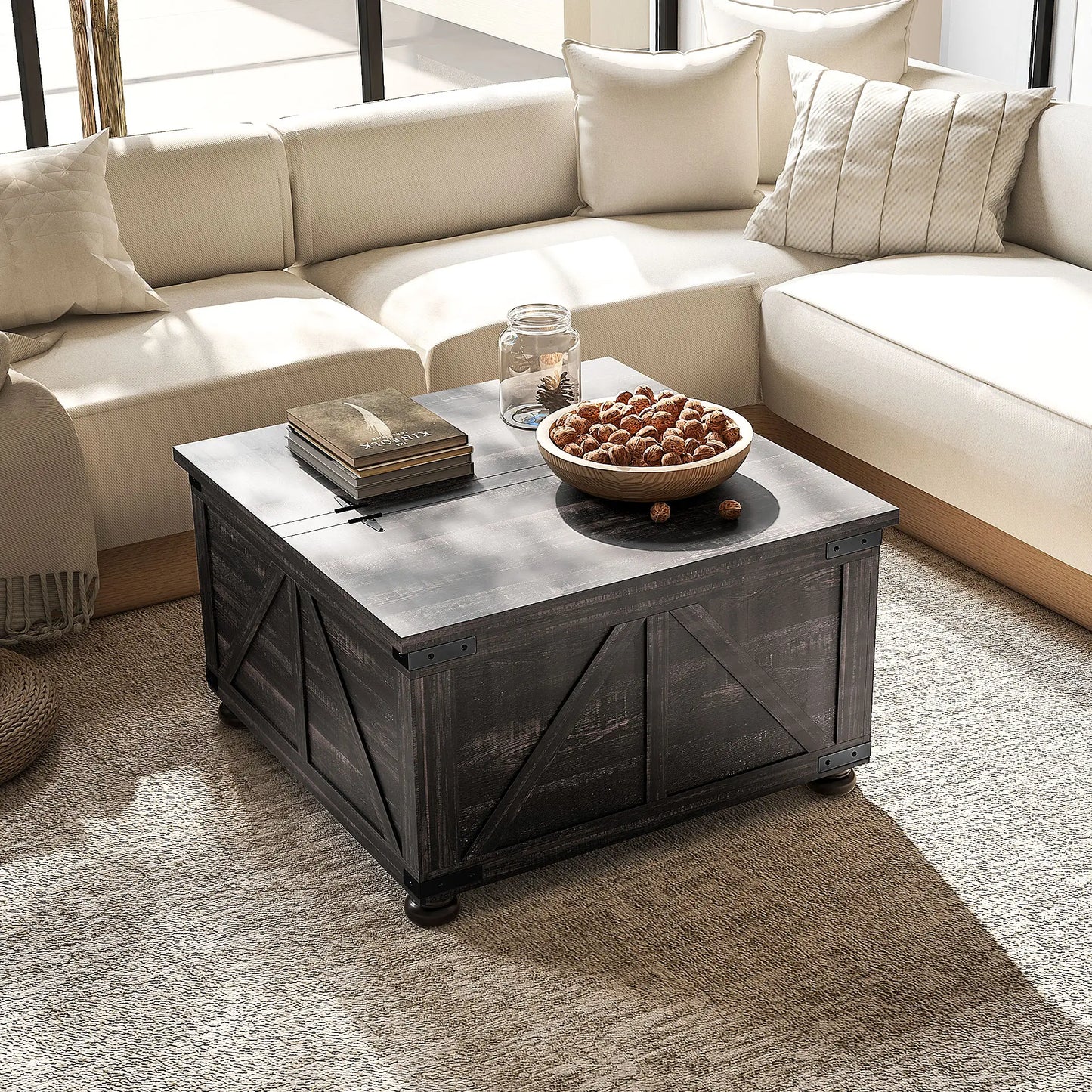 Farmhouse Coffee Table, Square Flip-Top Lid, Hidden Storage, Distressed, Brown Coffee Tables at Gallery Canada
