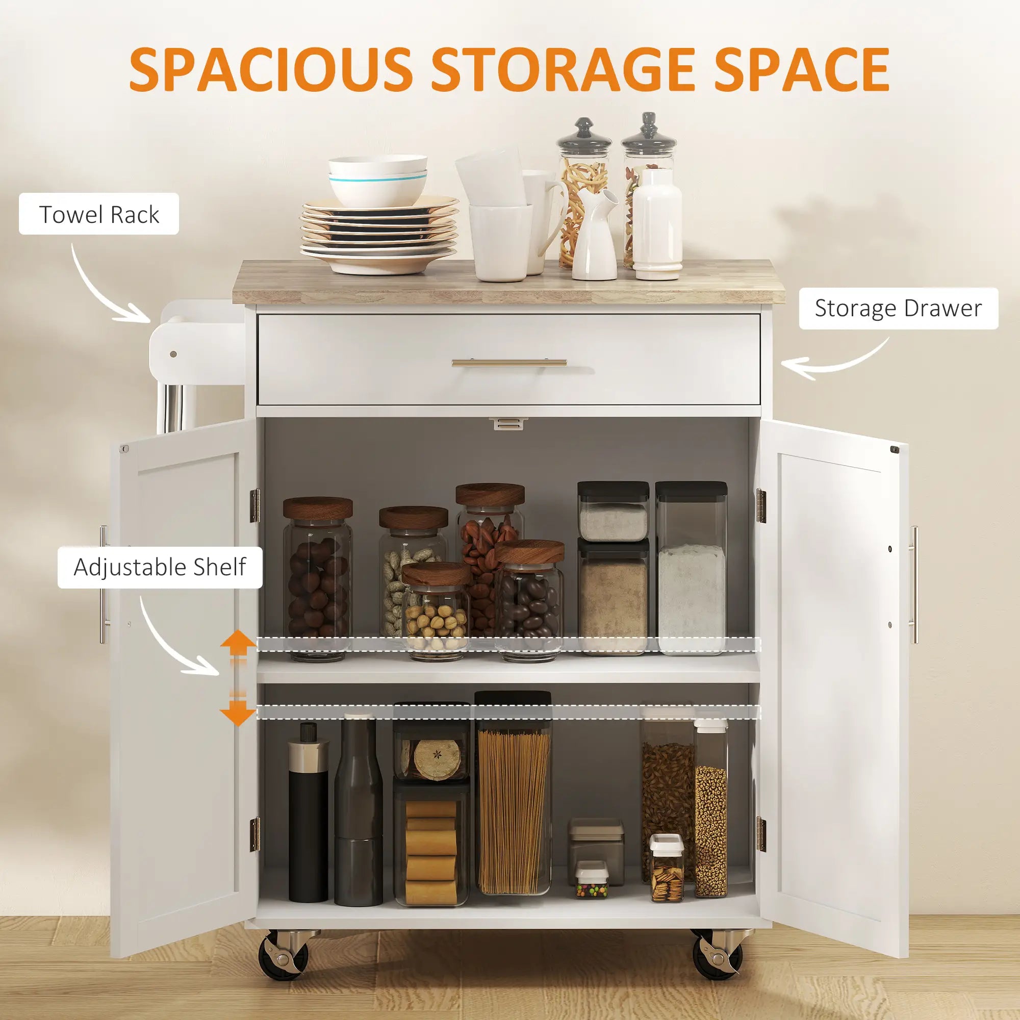Mobile Kitchen Island Cart, Wooden Storage with Drawer, Towel Bar, White Kitchen Islands & Kitchen Carts at Gallery Canada