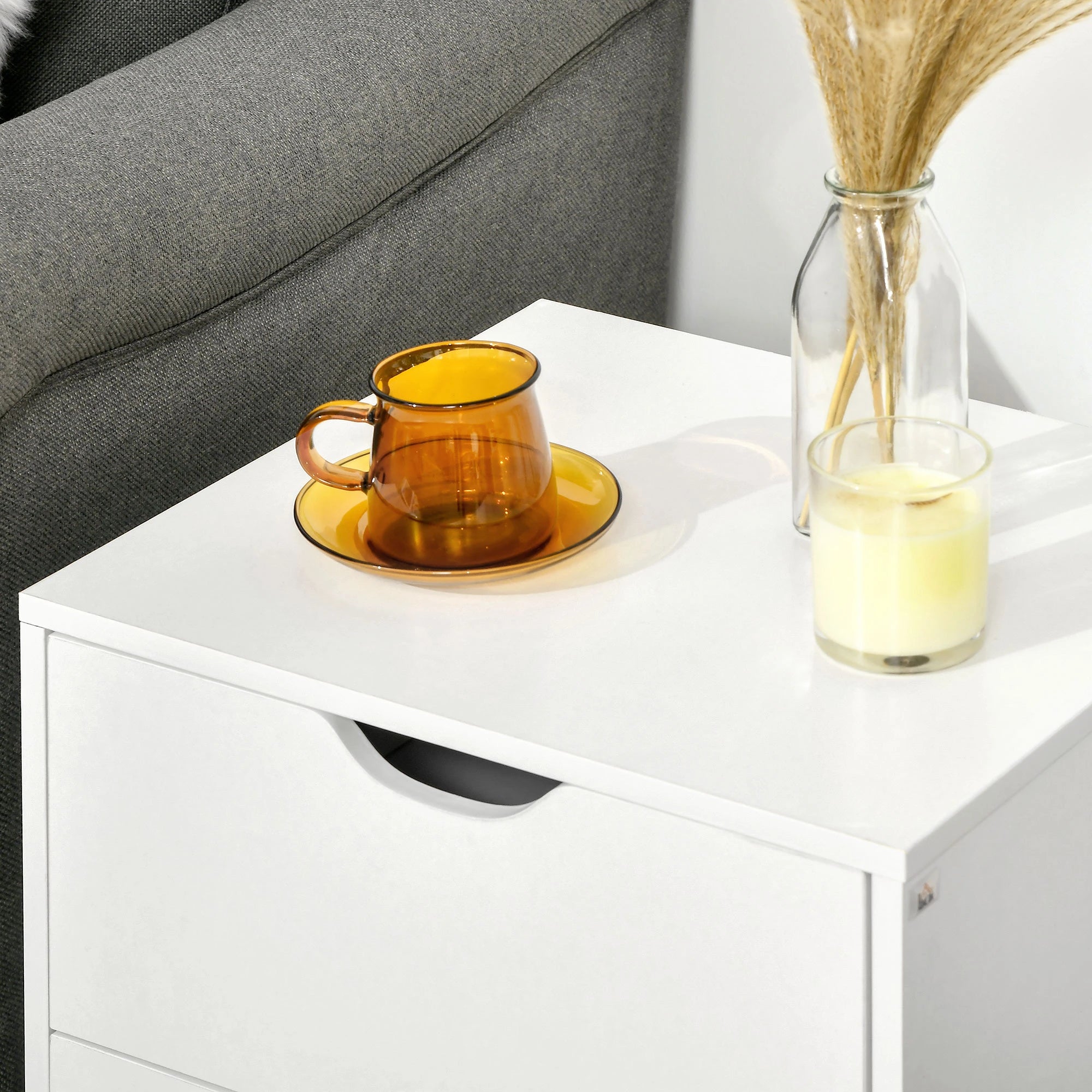Modern Bedside Table, Nightstand with 2 Drawers, Pine Wood Legs, White Bedside Tables at Gallery Canada