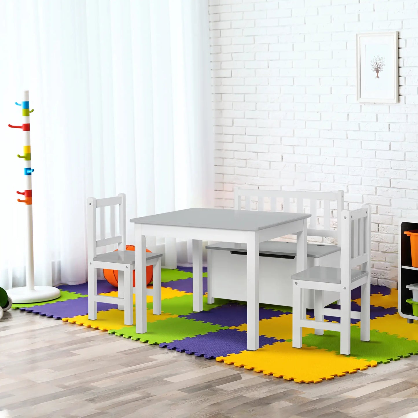 Kids Wood Table, Chair, Bench Set with Storage, 4-Piece Kids Table Sets at Gallery Canada