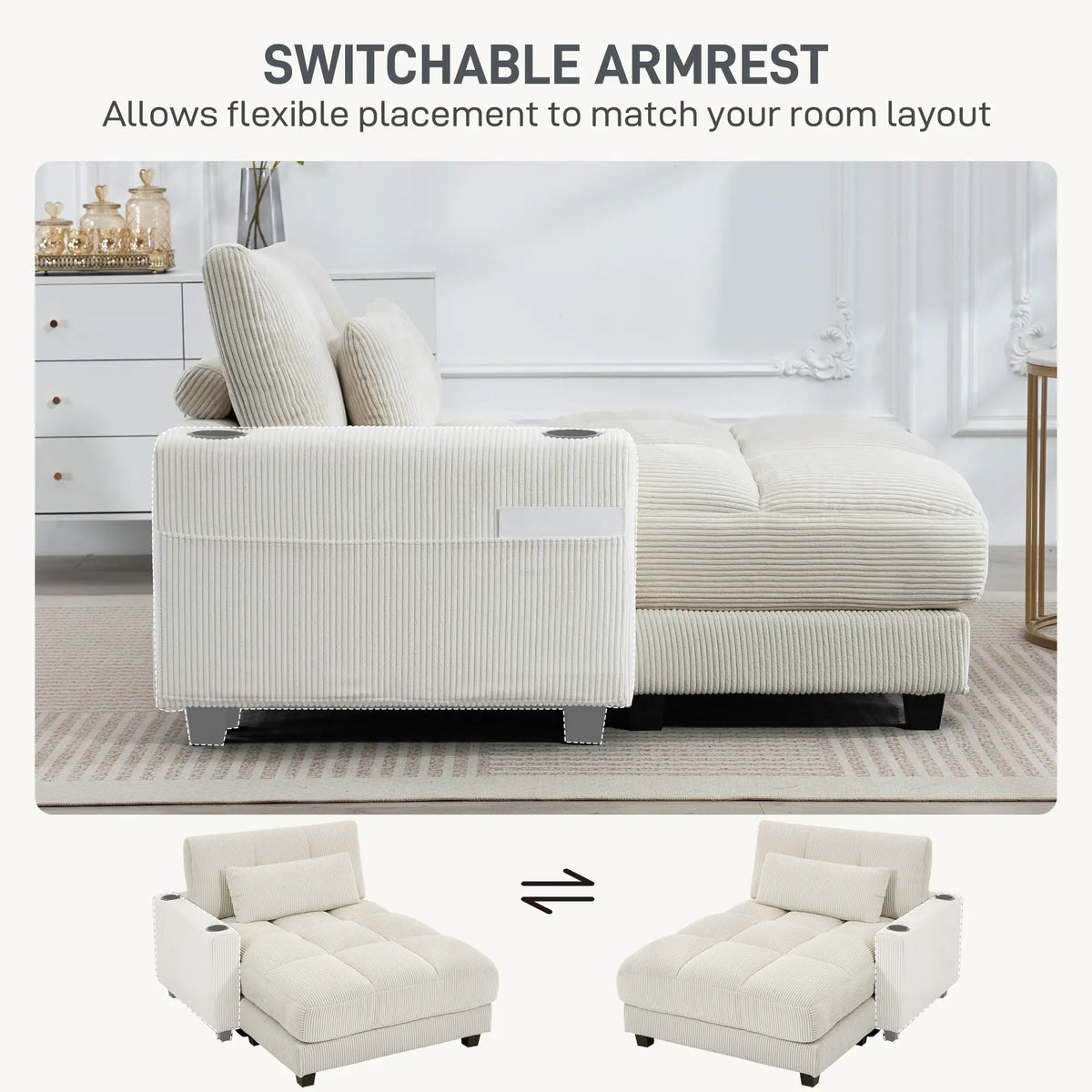 58" Corduroy Chaise Lounge Sofa Bed With Cup Holders, Cream White Sofas & Reclining Chairs at Gallery Canada