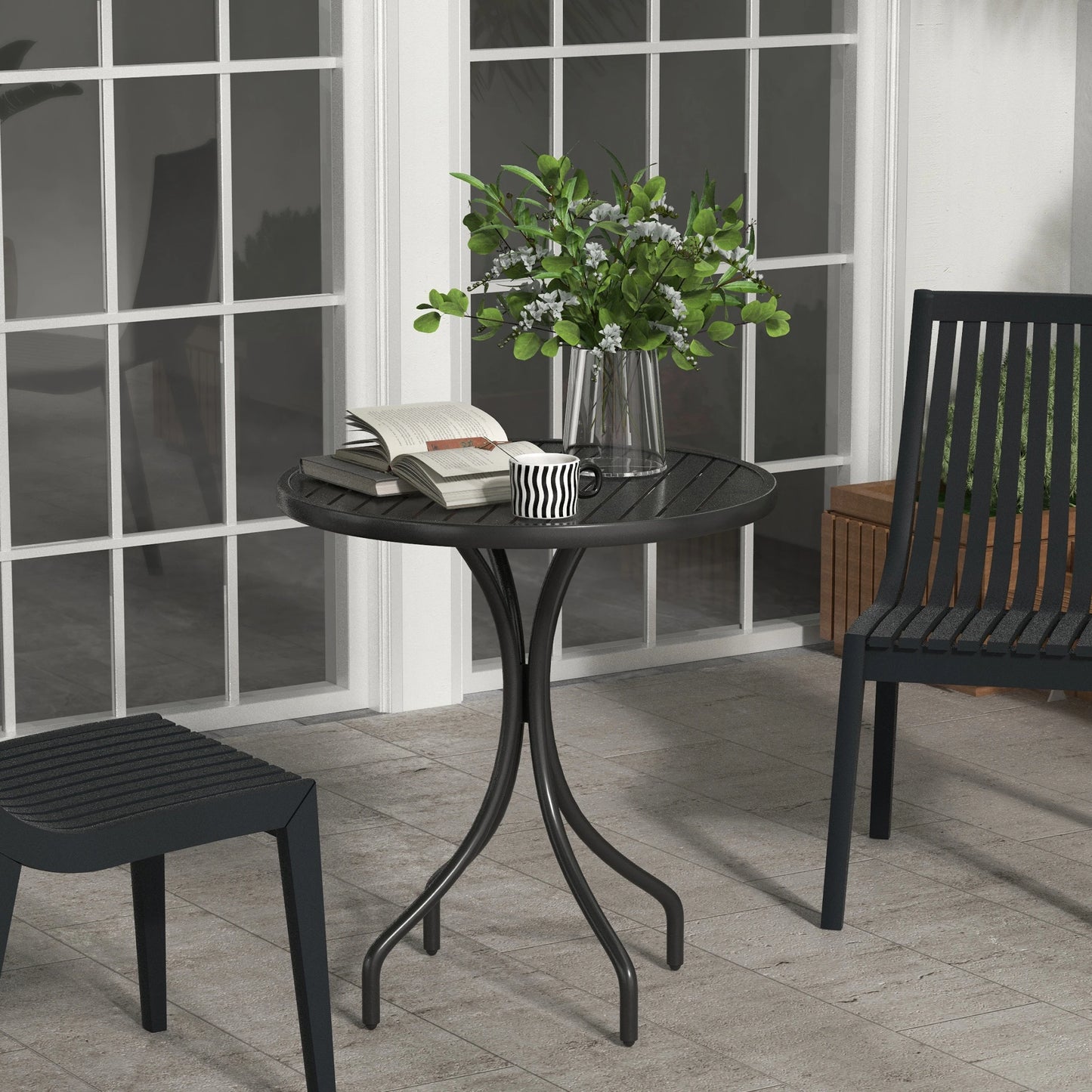 26" Round Patio Table, Outdoor Side Table, Steel Frame, Slat Tabletop, Black Patio Side Tables at Gallery Canada