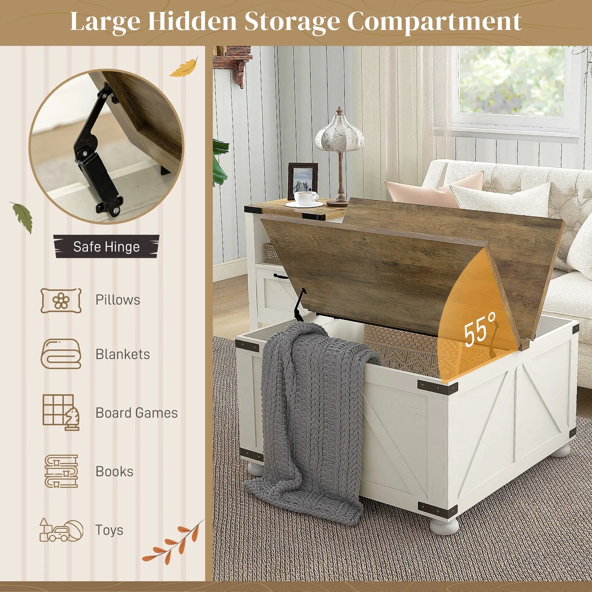 Farmhouse Coffee Table, Square Flip-Top, Hidden Storage, Antique White Coffee Tables at Gallery Canada