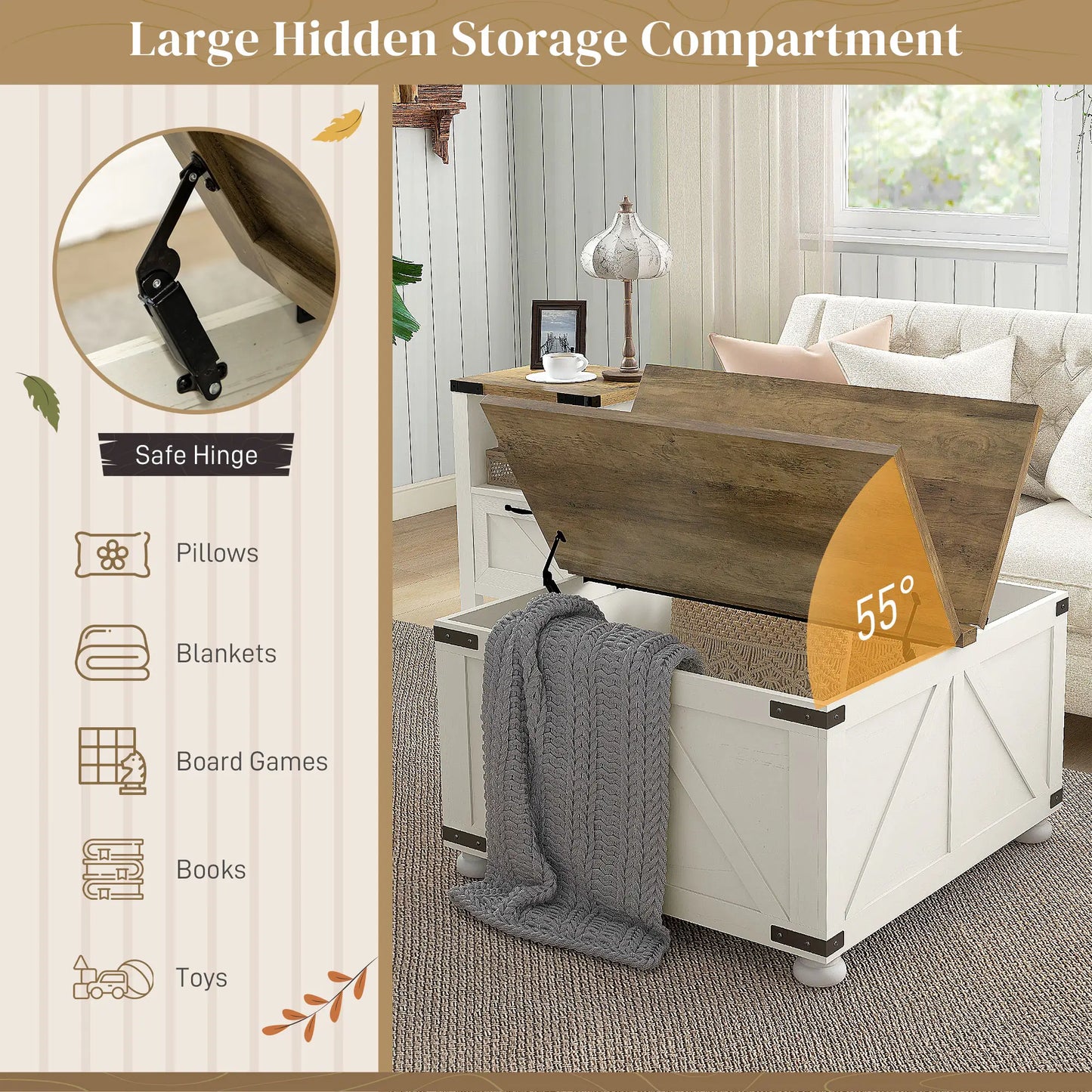 Farmhouse Coffee Table, Square Flip-Top, Hidden Storage, Antique White Coffee Tables at Gallery Canada