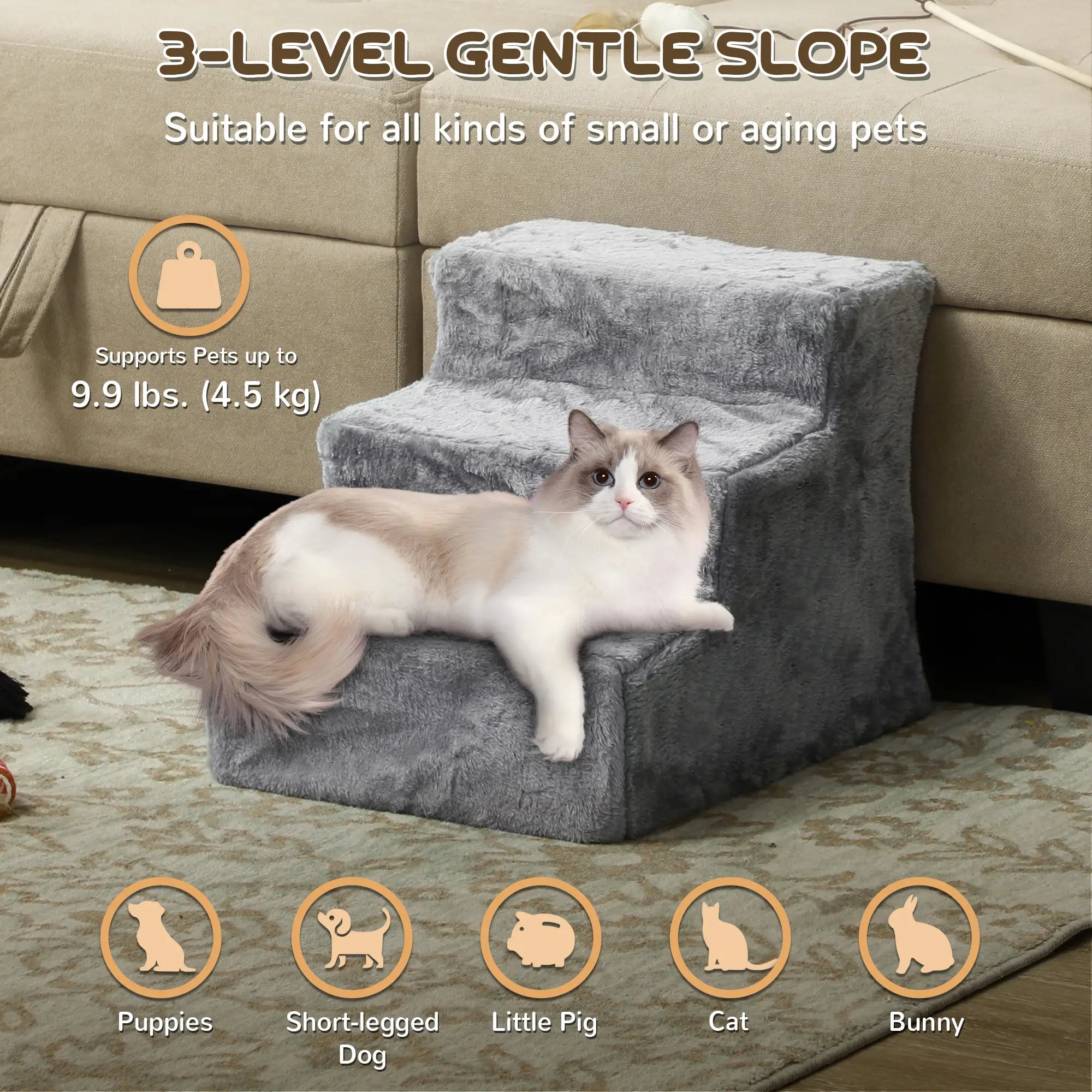 3-Step Dog Ramp for Sofa, Bed, Couch, Removable Cover, Light Grey Dog Stairs at Gallery Canada