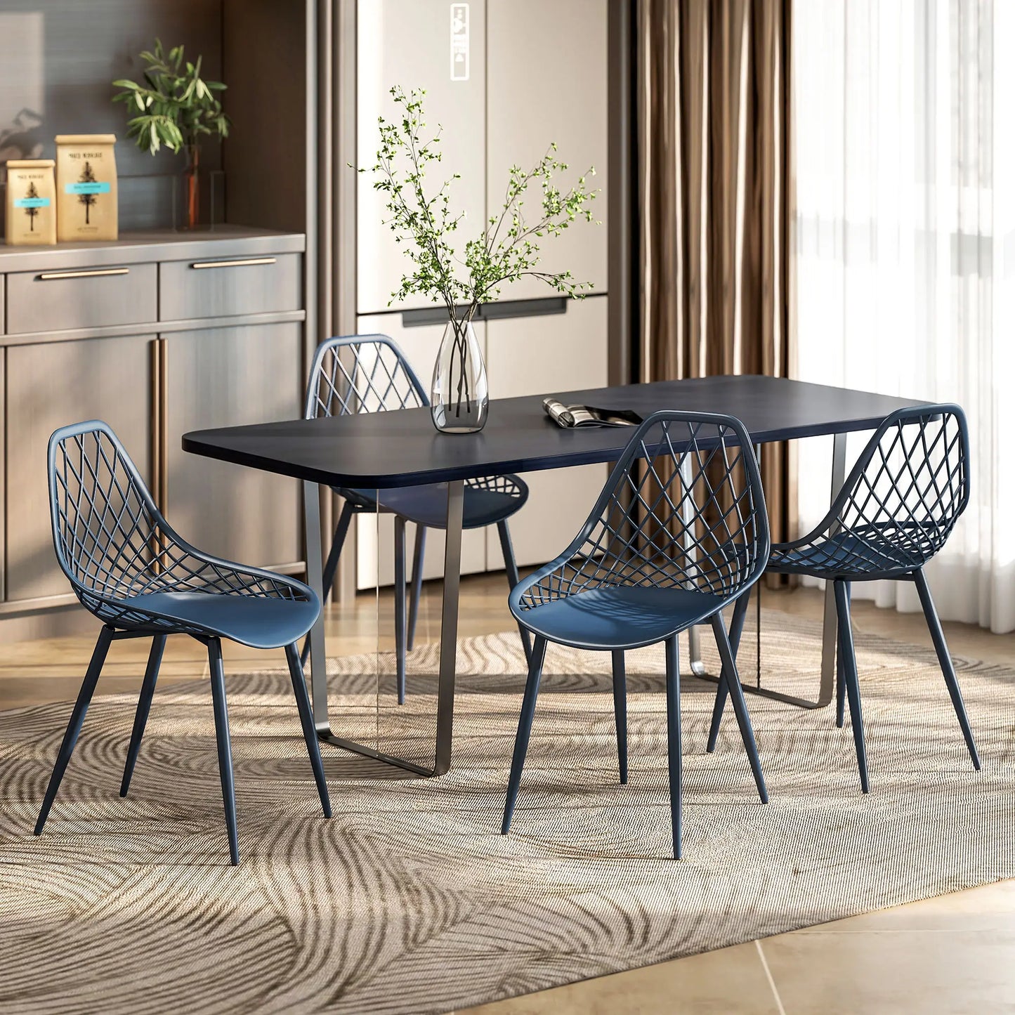 Modern Dining Chairs Set of 4, Plastic with Metal Legs, Blue Dining Chairs at Gallery Canada