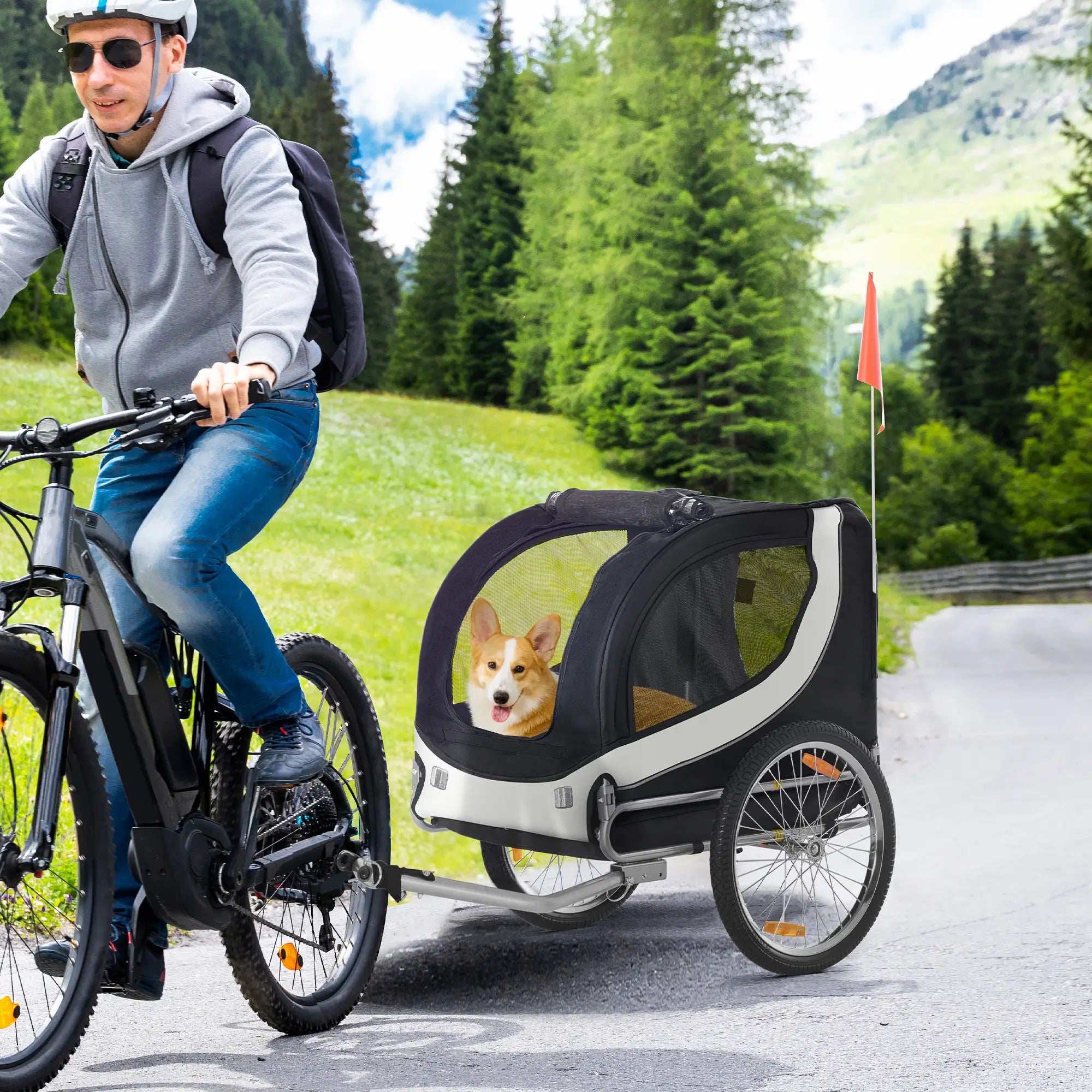 Dog Bike Trailer, Pet Cargo Carrier, Hitch, Reflectors, Flag, Medium, White Dog Bike Trailers & Strollers at Gallery Canada
