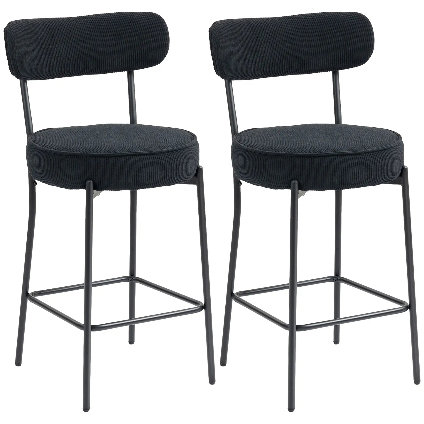 Set of 2 Barstools, Upholstered Corduroy, Backrest, Footrest, Black Bar Stools Black at Gallery Canada