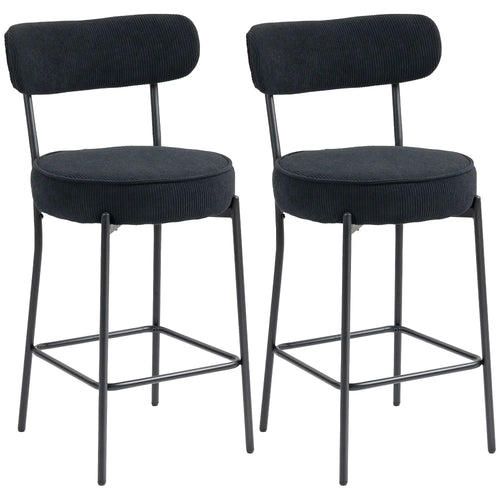 Set of 2 Barstools, Upholstered Corduroy, Backrest, Footrest, Black