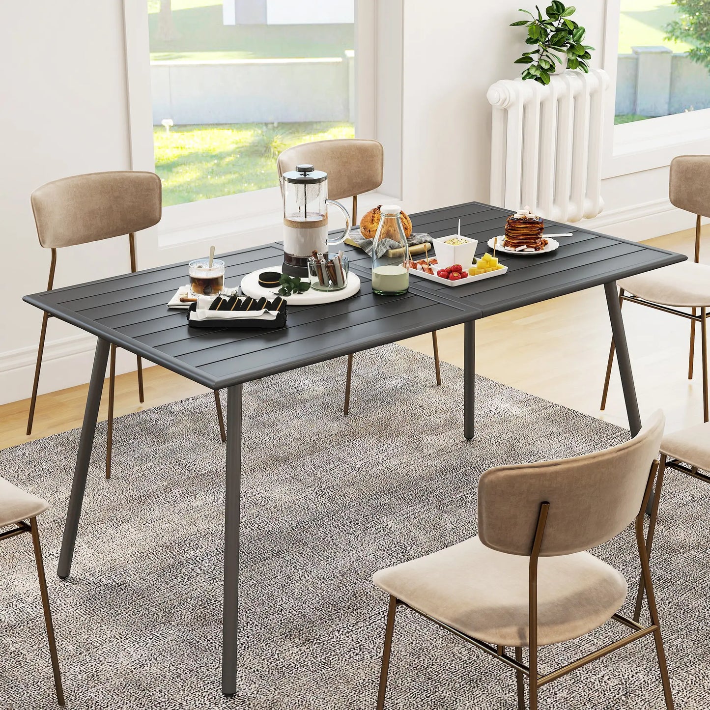 Rectangle Patio Dining Table for 6, Metal Steel Slat, 59" x 31.5" x 29", Grey Patio Dinning Tables at Gallery Canada