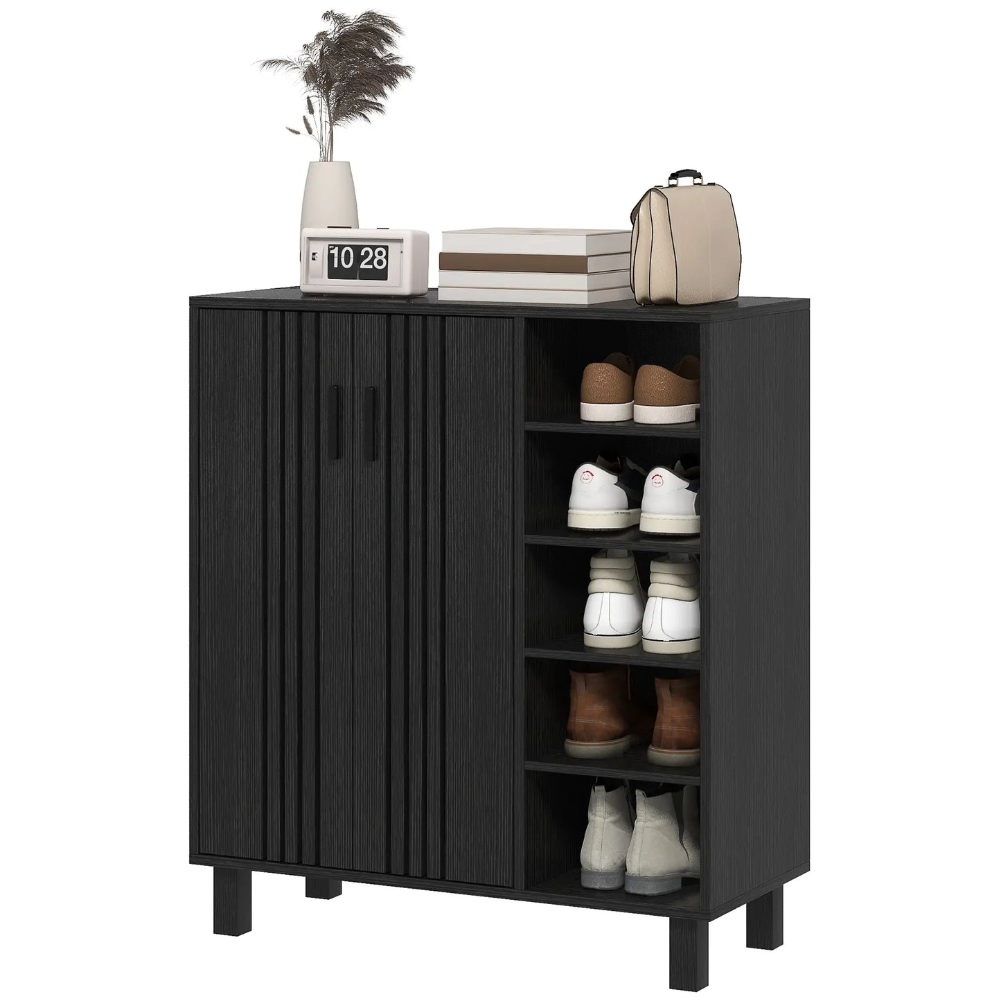 Double Door Shoe Storage, Open Shelves, 17 Pair Organizer, Black Shoe Storage Cabinets & Racks Black at Gallery Canada