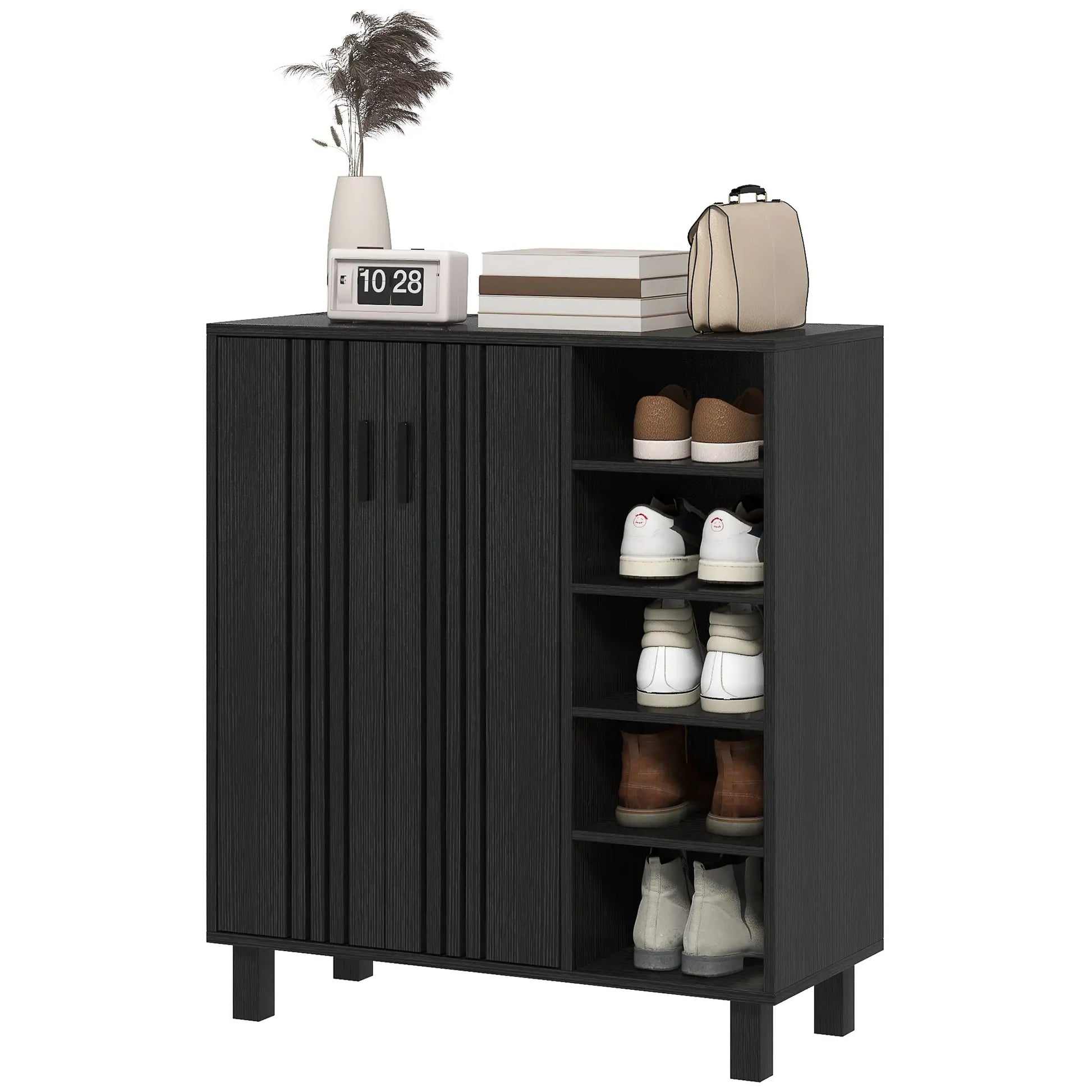 Double Door Shoe Storage, Open Shelves, 17 Pair Organizer, Black Shoe Storage Cabinets & Racks Black at Gallery Canada