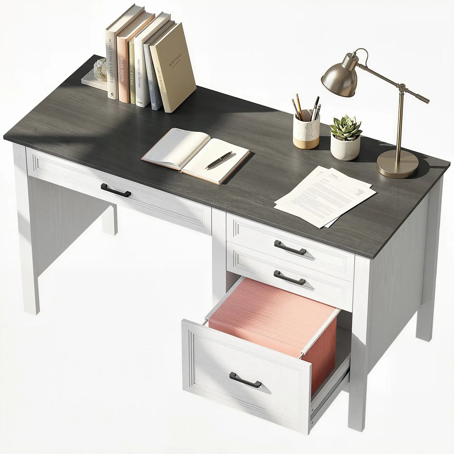 54" Farmhouse Executive Desk, Computer Desk With Drawers, White Computer Desks Black Wood Grain, White Wood Grain at Gallery Canada
