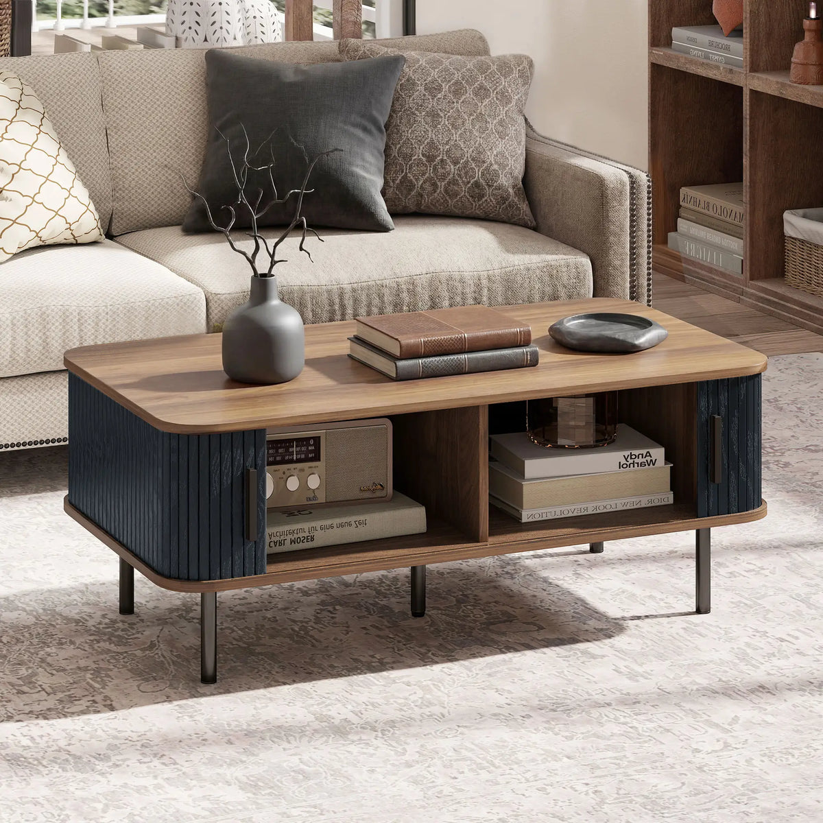 Nordic Side Table with Fluted Tambour Sliding Doors and Steel Legs, Coffee Table with Storage for Living Room, Black Coffee Tables at Gallery Canada