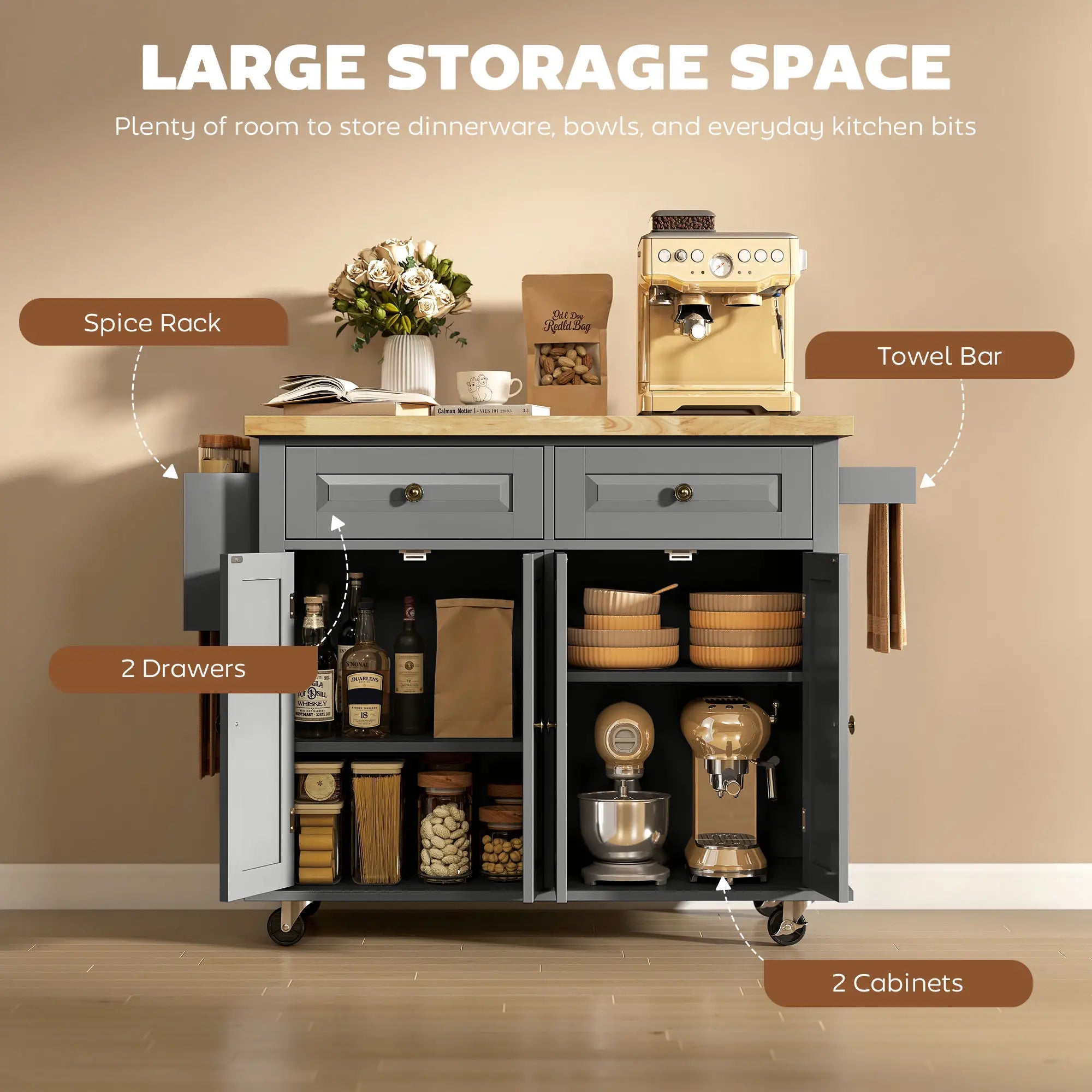 Kitchen Island with Storage, Rolling Cart, Rubber Wood Top, Grey Kitchen Islands & Kitchen Carts at Gallery Canada
