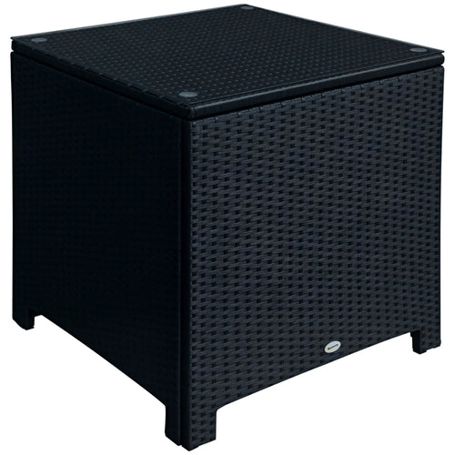 Rattan Side Table, Wicker Coffee Table with Glass Top, Black
