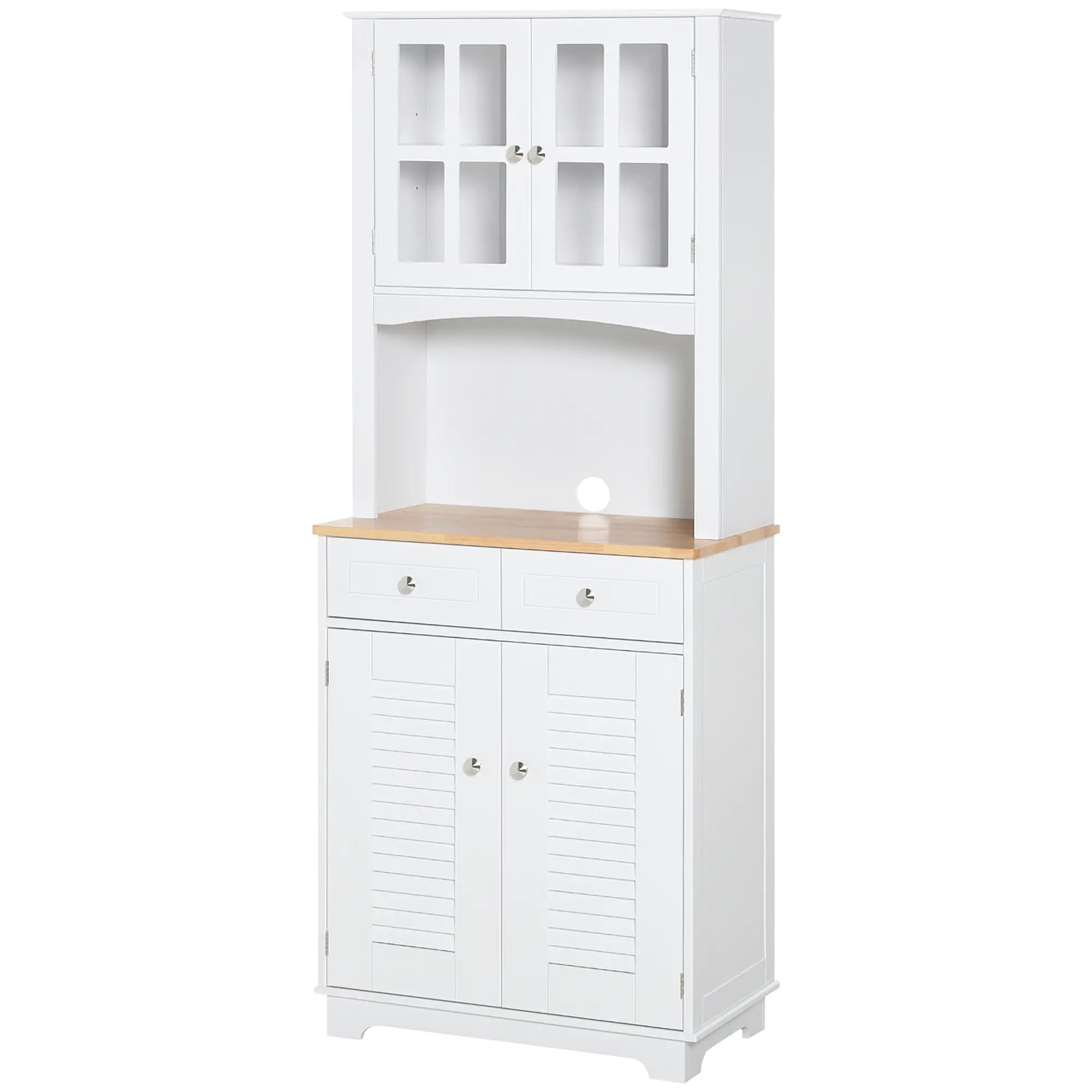 Coastal Kitchen Buffet Hutch, Wood Storage Cupboard, Glass Door, White Kitchen Pantry Cabinets at Gallery Canada