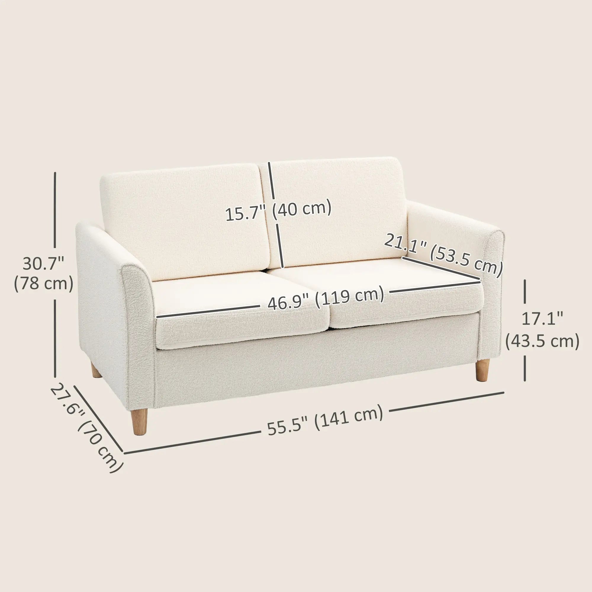 2-Seat Sofa with Armrests, Wood Legs, 2-Seater, Cream White 2-Seater Sofas at Gallery Canada