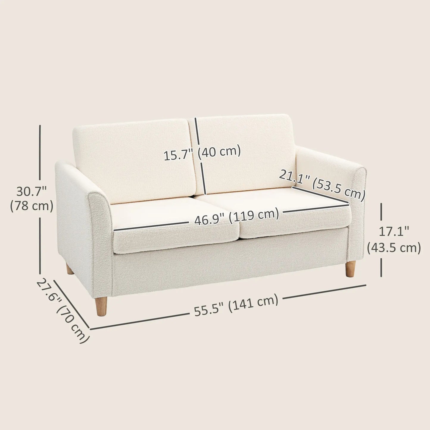 2-Seat Sofa with Armrests, Wood Legs, 2-Seater, Cream White 2-Seater Sofas at Gallery Canada