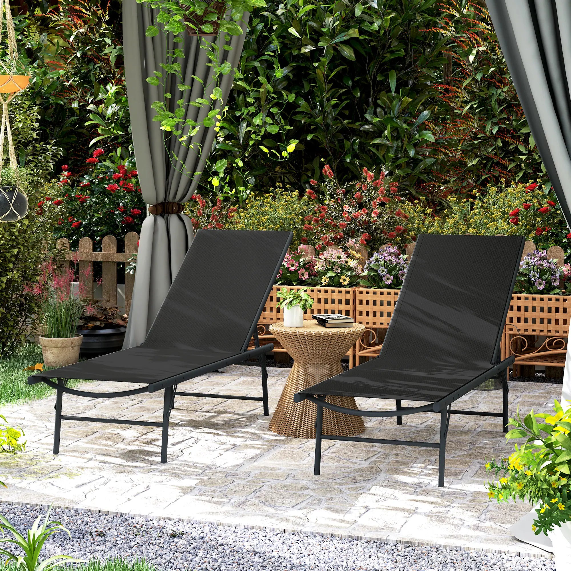 Folding Outdoor Lounge Chairs, 2 Pieces, Adjustable Back, Mesh Seat, Black Lounger Chairs at Gallery Canada