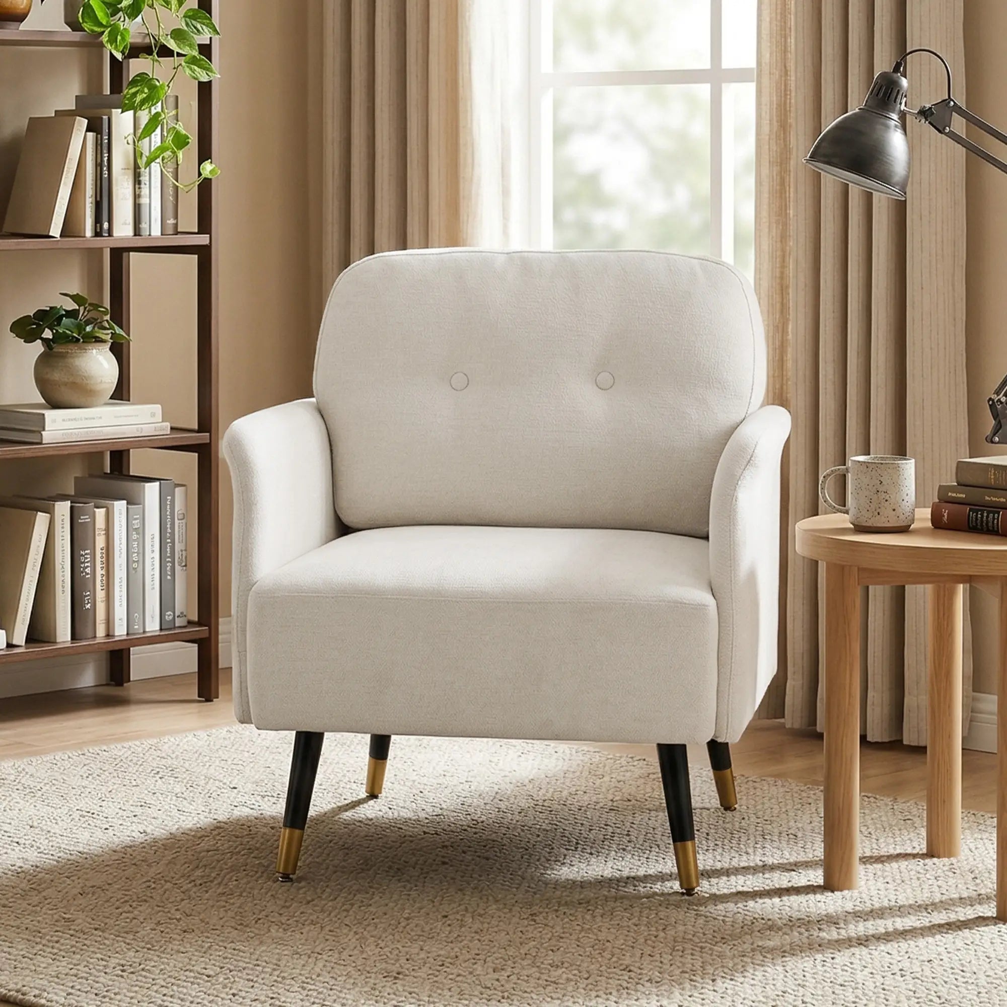 Modern Tufted Accent Chair, Metal Legs, Upholstered Reading Armchair, Cream White Accent Chairs at Gallery Canada