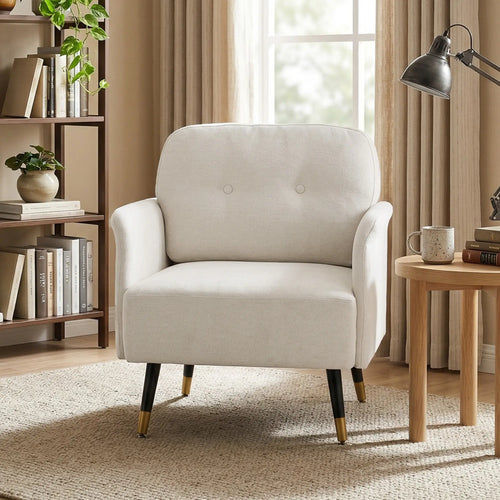 Modern Tufted Accent Chair, Metal Legs, Upholstered Reading Armchair, Cream White