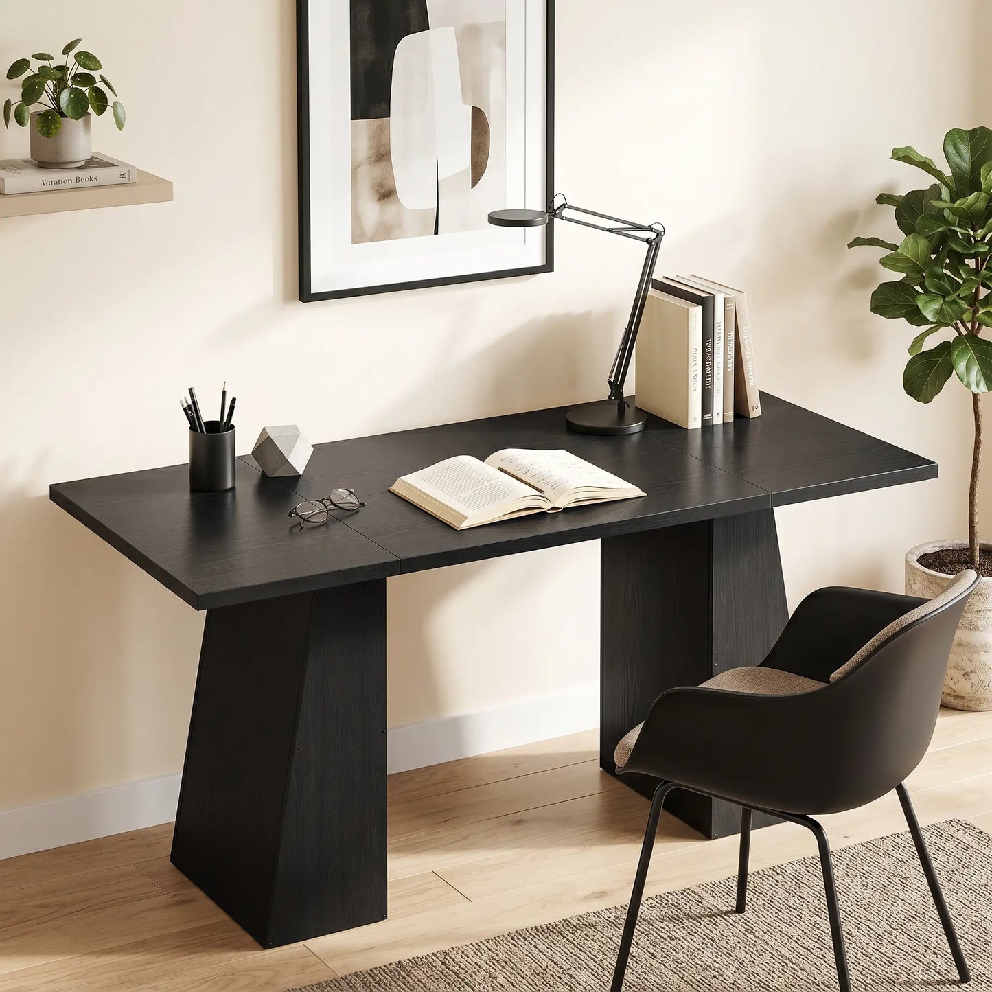Bureau d'ordinateur de 63 pouces, cadre trapézoïdal, grain de bois noir clair, noir clair
