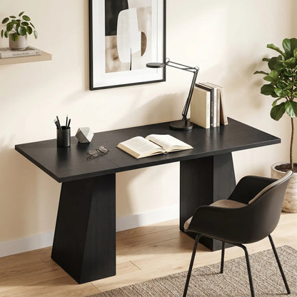 Bureau d'ordinateur de 63 pouces, cadre trapézoïdal, grain de bois noir clair, noir clair