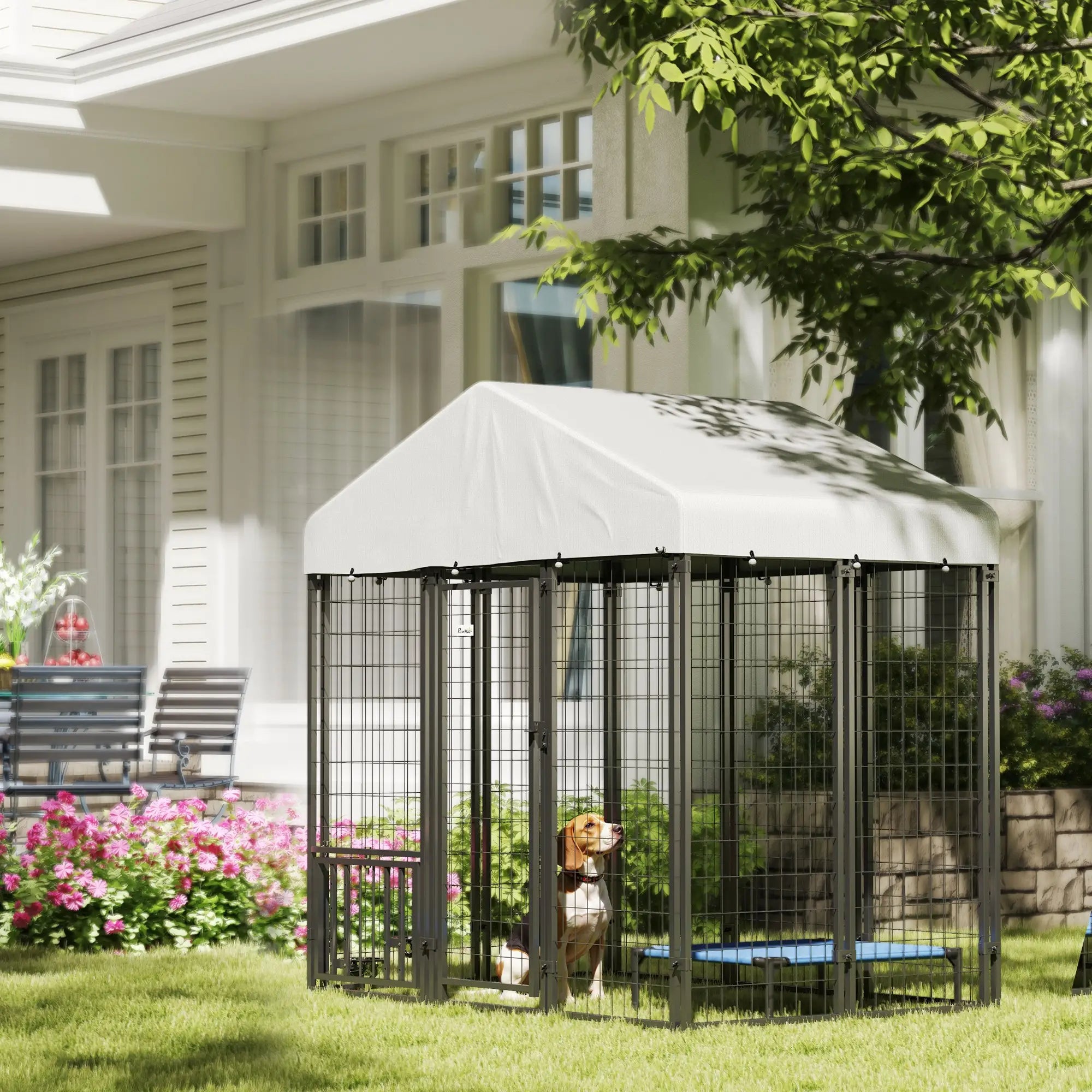 Outdoor Dog Kennel, Waterproof UV-Resistant Cover, Adjustable Feeding Bowls, 5.9 x 4 x 6 ft Houses, Kennels & Pens at Gallery Canada