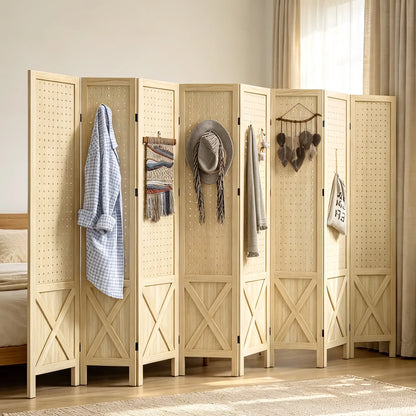 Wooden Room Divider With Pegboard Display, 8 Panel Folding Privacy Screen, Natural Wood Room Dividers at Gallery Canada