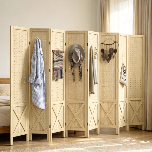 Wooden Room Divider With Pegboard Display, 8 Panel Folding Privacy Screen, Natural Wood