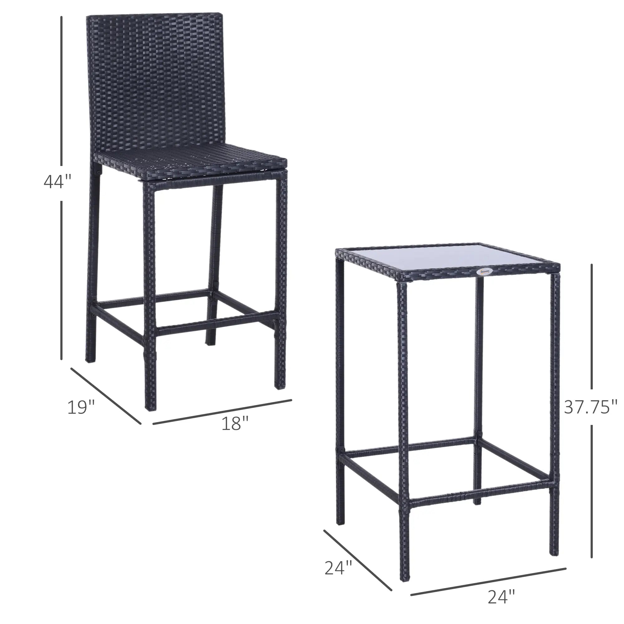 3 Piece Patio Bar Set, Wicker Rattan Bistro Table & 2 Stools, Black Bistro Sets at Gallery Canada