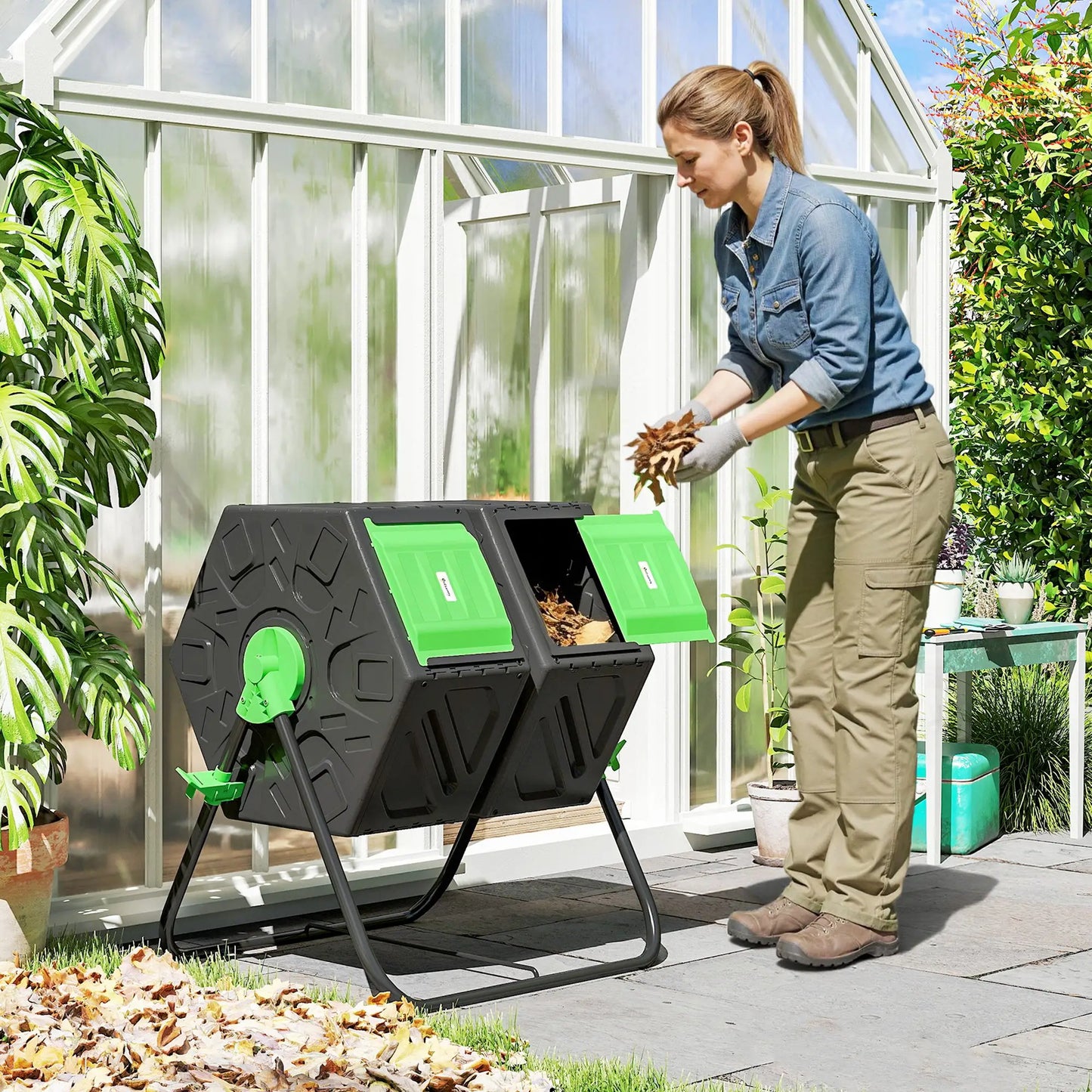 Rotating Composter, Dual Chamber Bin, 24 Vents, Steel Legs, 34.5 Gallon, Green Garden Accessories at Gallery Canada