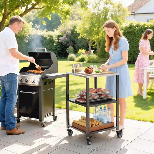 Outdoor Grill Cart, Pizza Oven Stand, 3-Tier Rolling Kitchen Prep Station, Black Outdoor Grill Carts Black at Gallery Canada