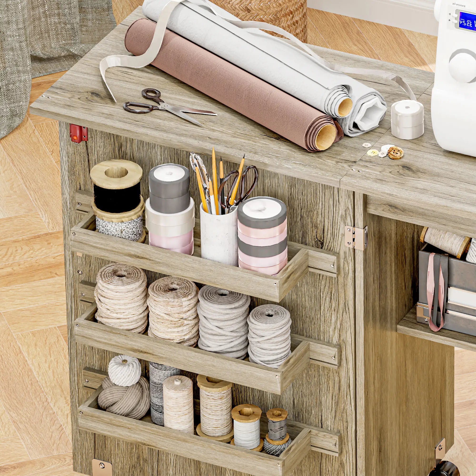 Folding Sewing Table with Storage Shelf, Bins, Lockable Wheels, Grey Storage Cabinets at Gallery Canada